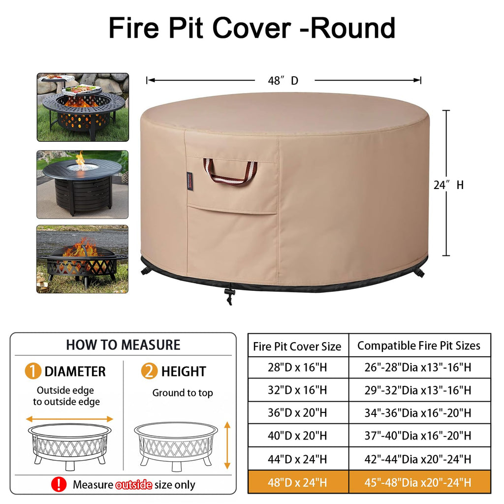 Fire Pit Cover Round 48", 900D Heavy Duty Fabric 100% Waterproof