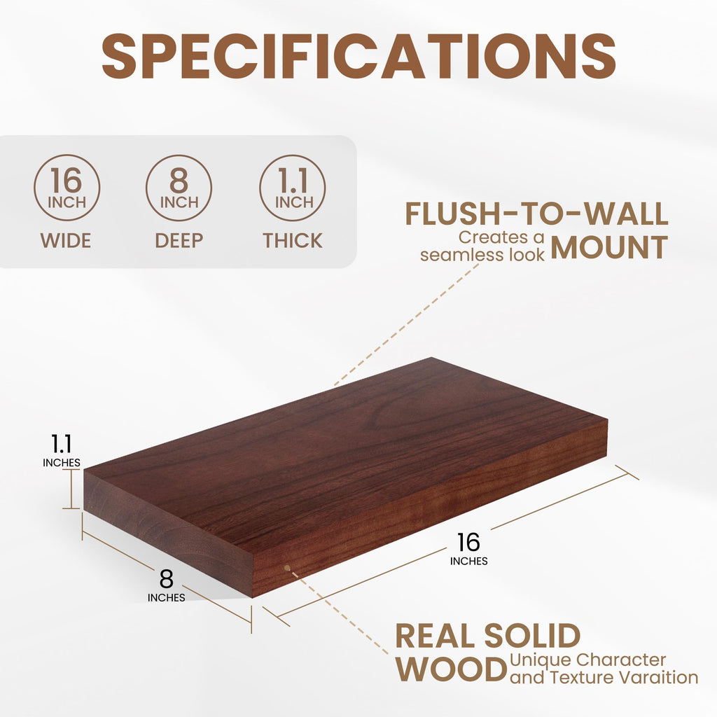 Floating Shelves for Wall, Real Wood Floating Shelf Set of 2, 8 Inch Deep Floating Shelves, Rustic Wood Wall Shelf