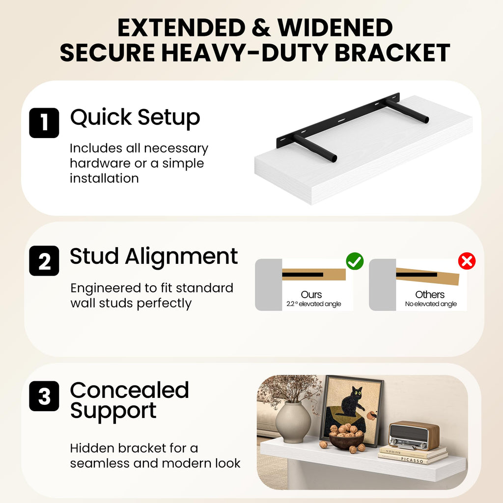 32 Inch Floating Shelves for Wall, White Wood Wall Mounted Shelf with Invisible Bracket, 10 Inch Deep Large Shelves