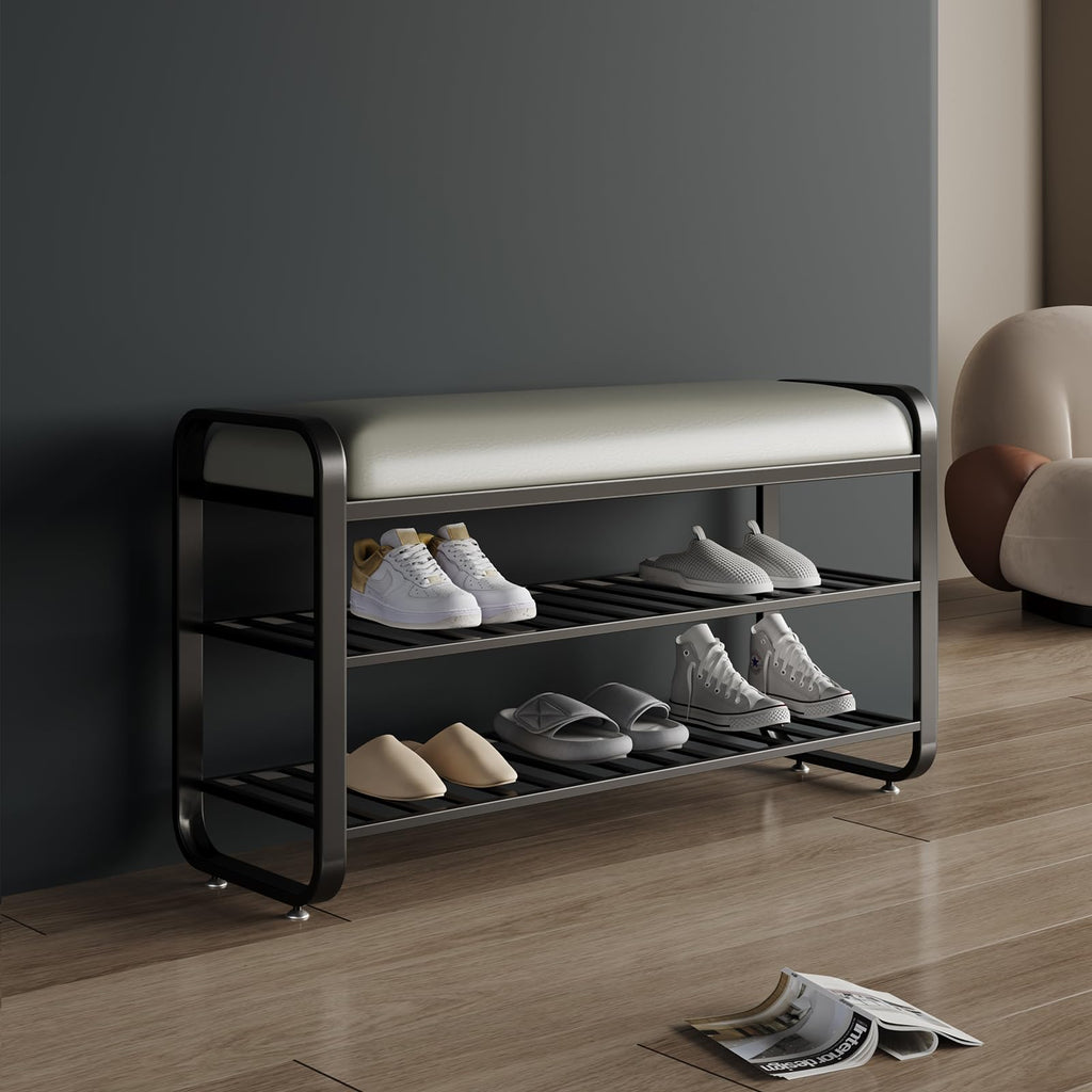 Shoe bench, entryway bench with shoe storage, modern shoe rack bench with cushion upholstered padded seat 3 Tier metal