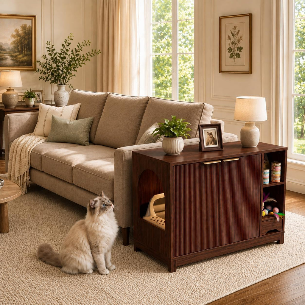 Cat Litter Box Enclosure, Multifunctional Storage Cabinet, Walnut