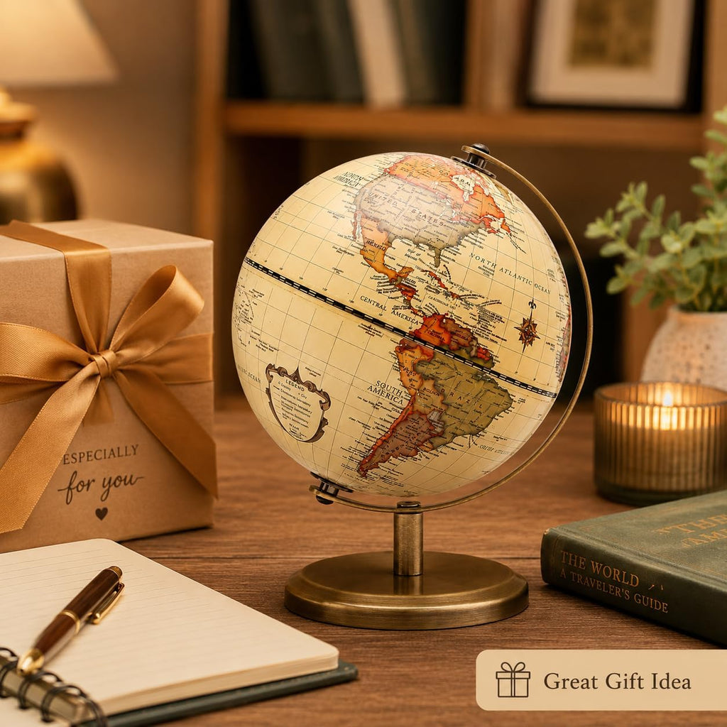 5.5 Inches Antique World Globe Rotating Bronzed Metal Desk Stand