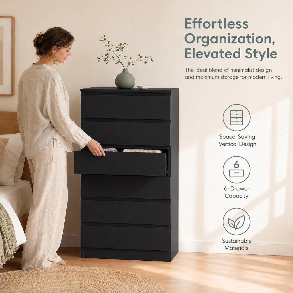 Black 6 Drawer Dresser ,Tall Modern Dressers & Chest of Drawers with Handle-Free Design,Wood Storage Dresser with