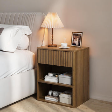 Nightstand Bedside Table Storage Drawer - Large Mid Century Modern Night Stand with Fluted Wood Storage Drawer and