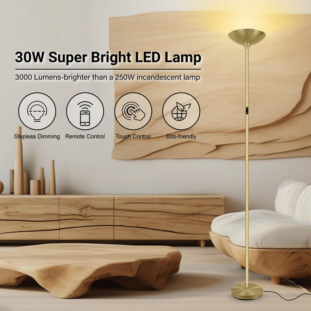 Dimmable Floor Lamp, Gold, 30W LED Torchiere