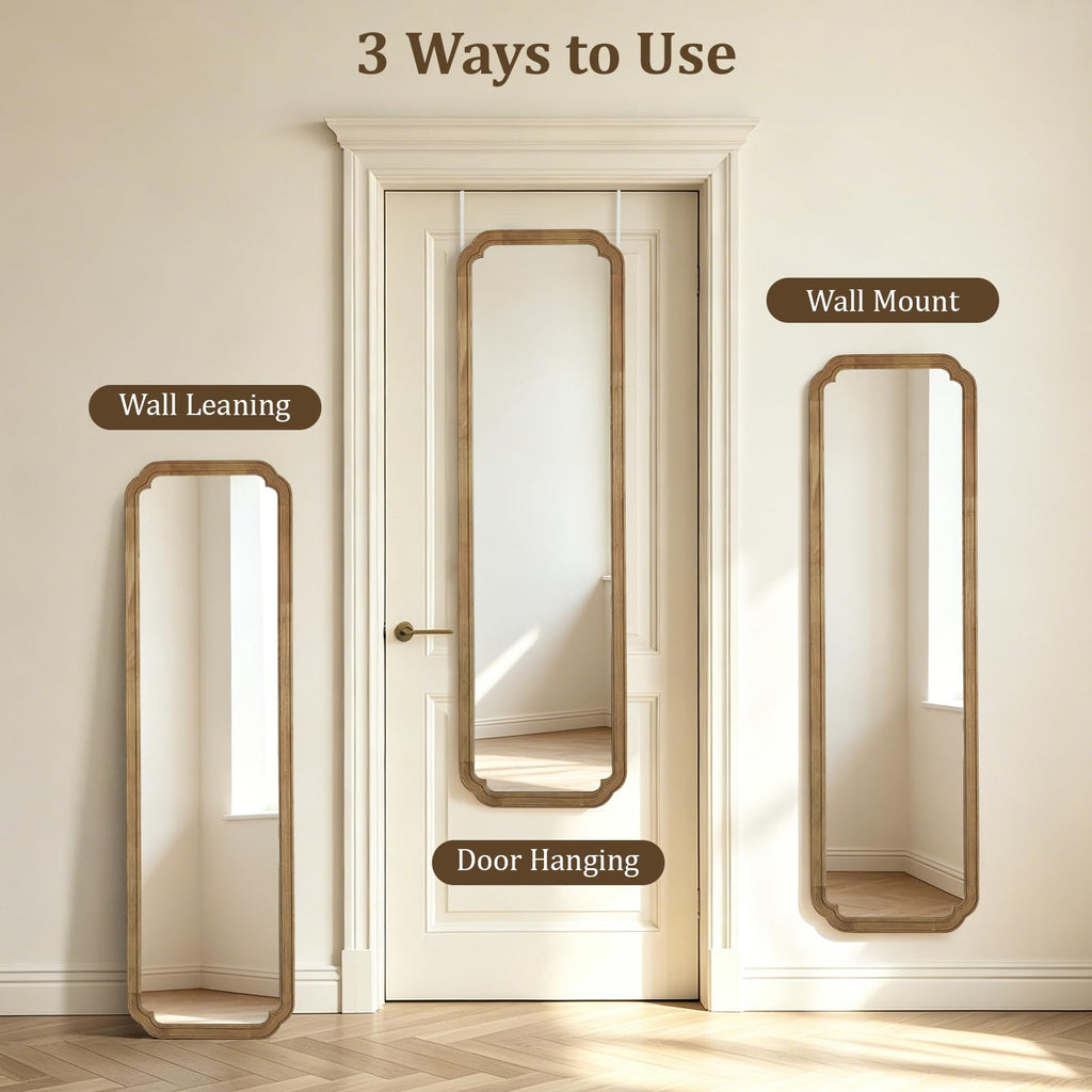 48" x 14" Full Length Door Mirror with Rustic Rounded Corner Wood Frame, Over the Door Hanging Mirror, Closet