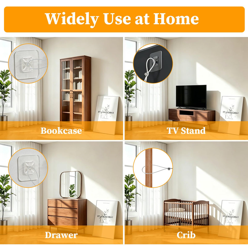 6 Pack Adjustable TV Safety Straps Stainless Steel, No-Drill Adhesive Anti-Tip Furniture Wall Anchors, Secure Flat