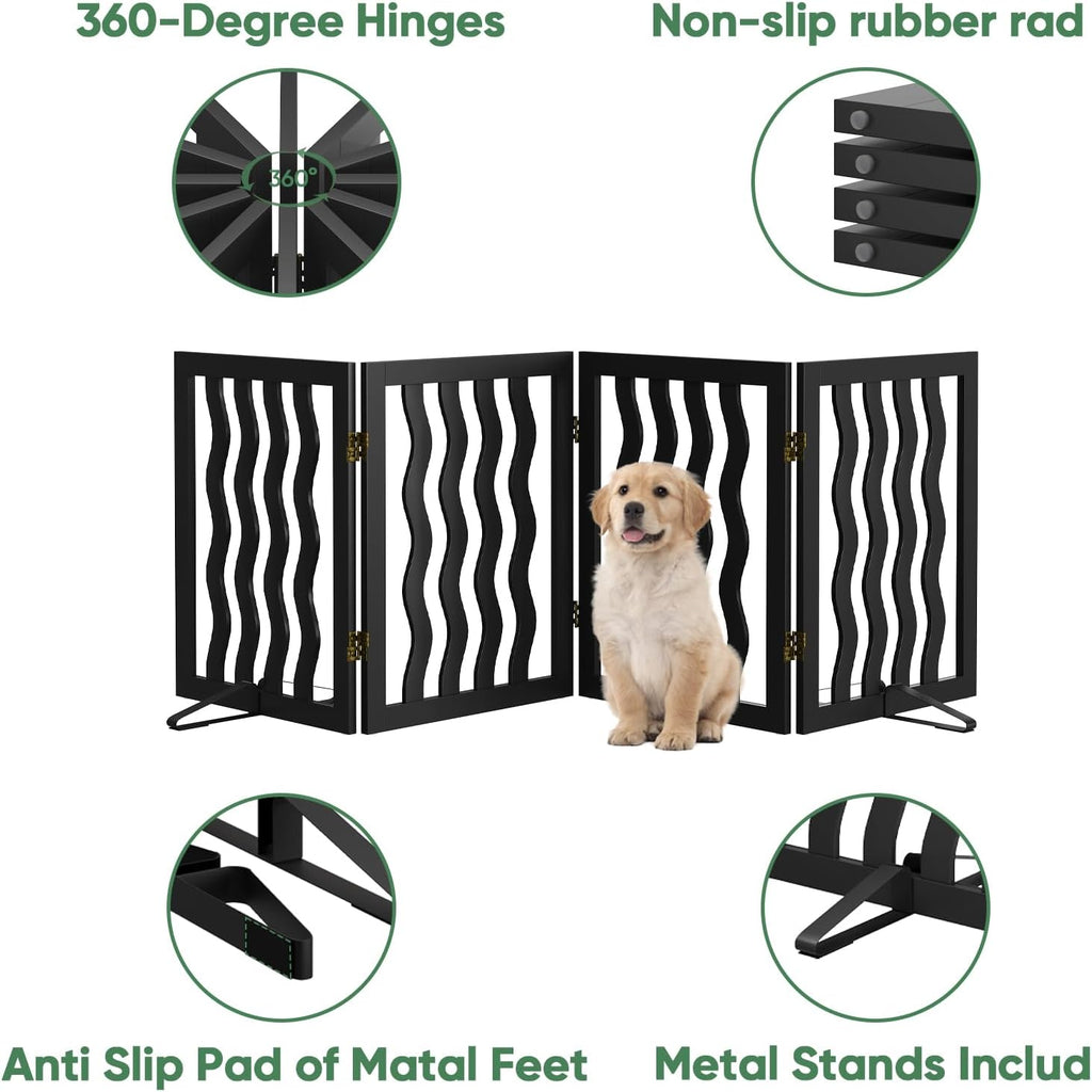 Dog Gate, Wavy Freestanding Dog Gates for Doorways 4 Panels (Black)