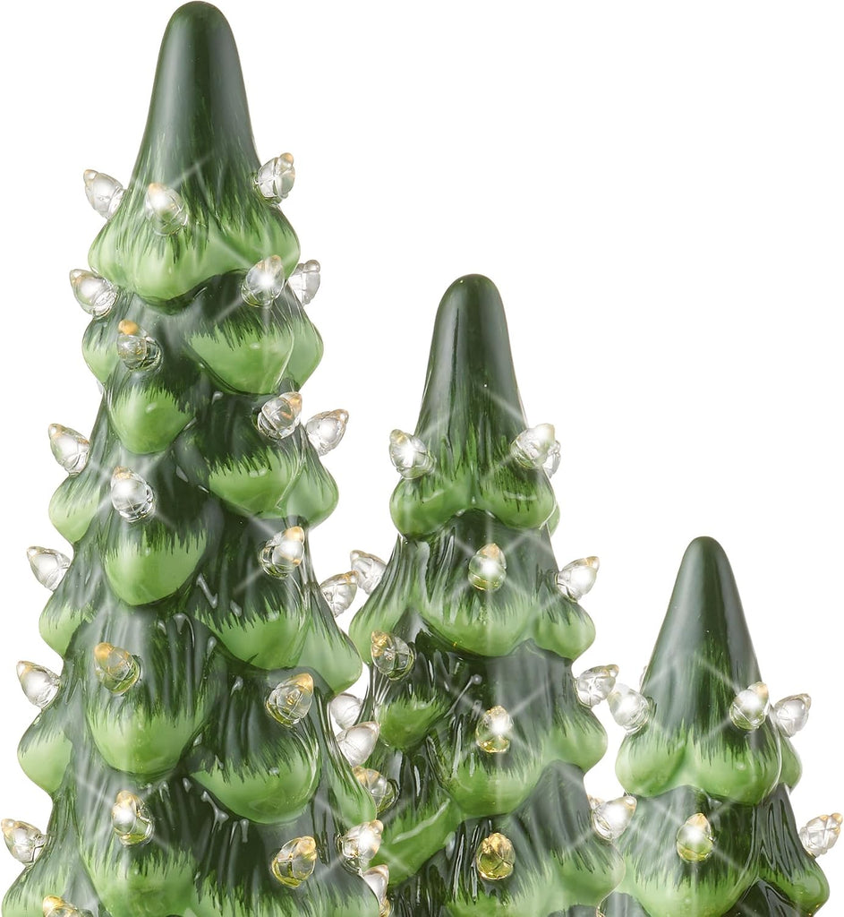 Set of 3 Hand Painted Ceramic Christmas Tree - Green Pre-Lit 8, 10, 12-Inch Trees with White Lights