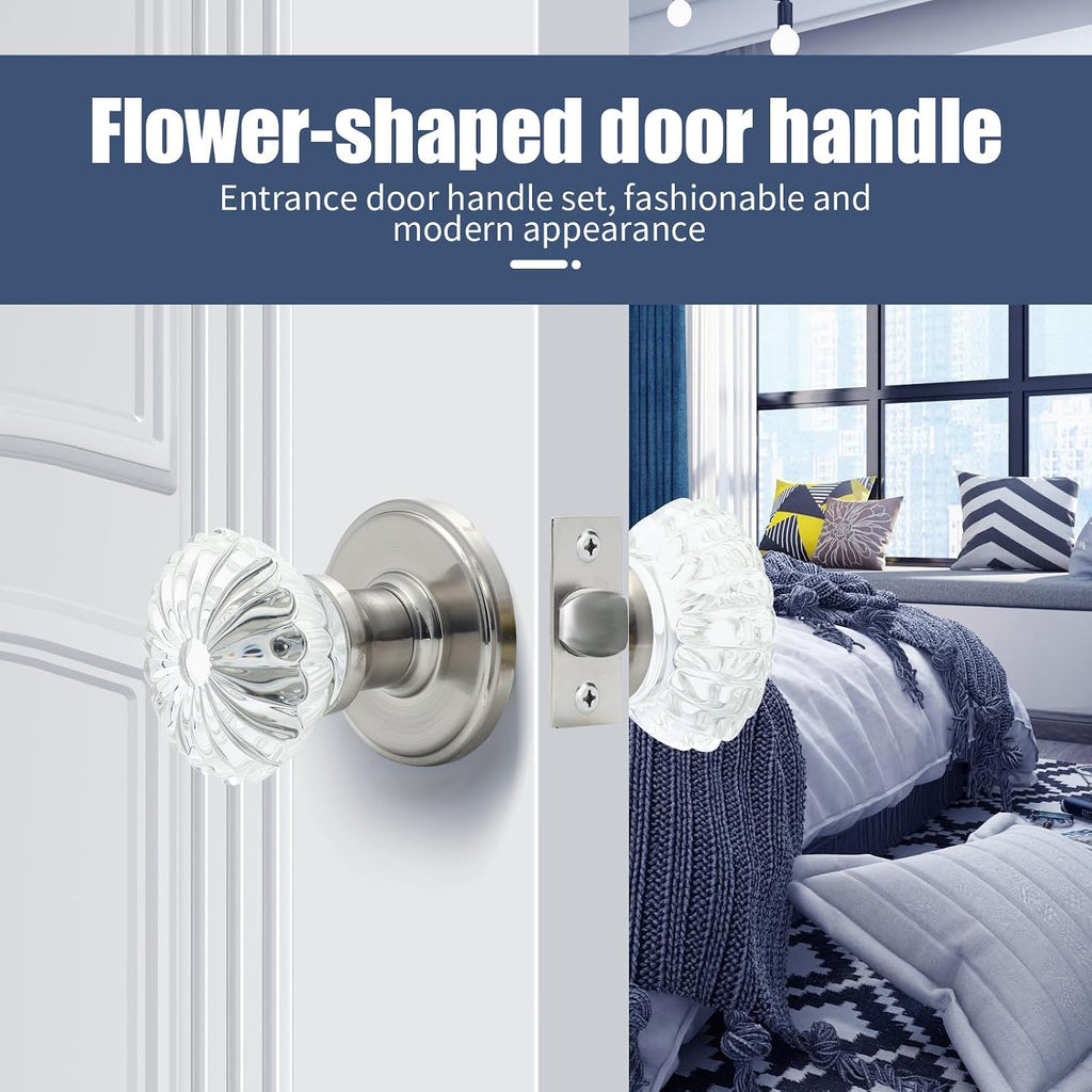 Crystal Door Knobs 2 Pack Glass Doorknobs for Bed Bath Clear Glass Privacy Interior Door Locks Handles (Satin Nickel