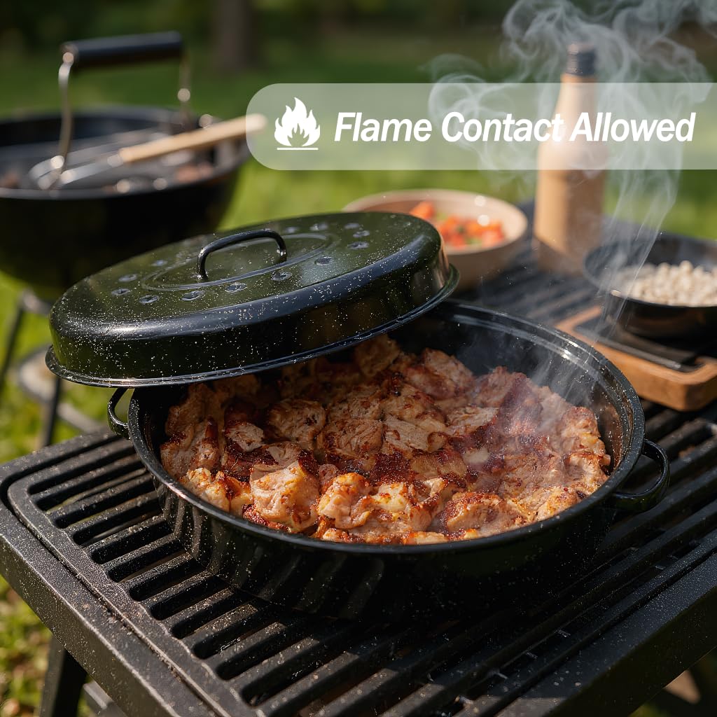 15"Oval Roasting Pan With Lid Small Chicken Roaster, With 13.7in Inner Diameter Enamel Steel Roasting Pot Suitable for