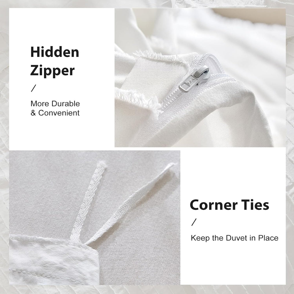 White Boho Duvet Cover Set Queen, Striped Textured Tufted Bedding Set, 3 Pcs Ultra Soft Washed Microfiber with Zipper