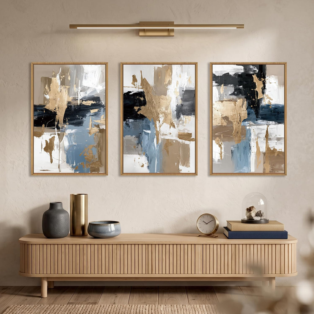 Navy Blue and Gold Abstract Framed Canvas Wall Art Set-16"x24"x3