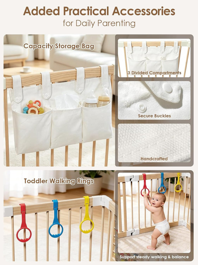 Large Wooden Baby Playpen with Locking Gate for Babies and Toddlers | Foldable Play Yard, Extra Large, Unique