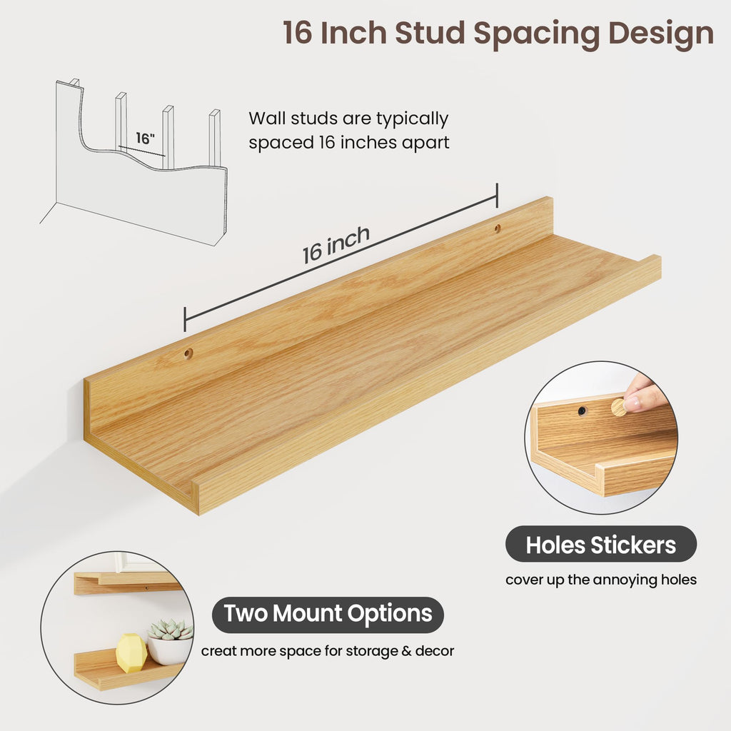 Picture Ledge Shelf, 24 Inch Oak Floating Shelves Set of 3
