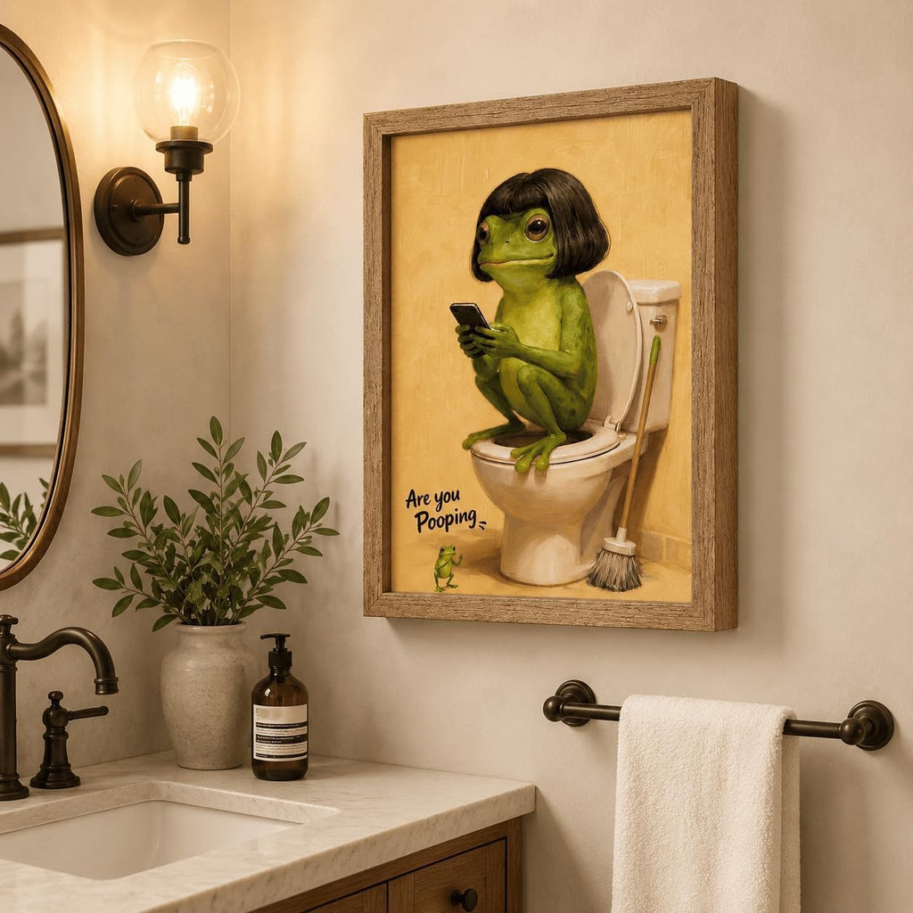 Framed Funny Bathroom Wall Art - Whimsical Retro Frog on Toilet Canvas Print, Humorous Animal Bathroom Decor - Easy