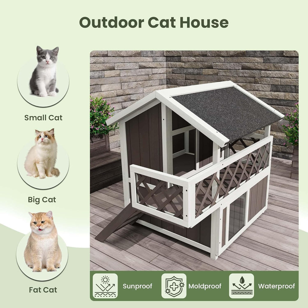2-Story Outdoor Cat House with Balcony, Insulated & Weatherproof Wooden Feral Cat Shelter with Asphalt Roof