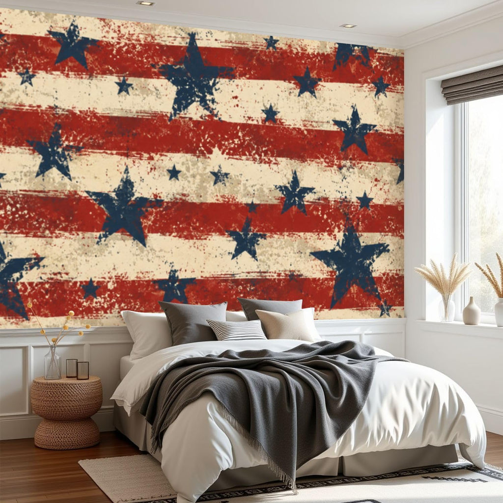 Wall Mural Peel and Stick Patriotic Stars Stripes Red White Blue Grunge Style Wallpaper Removable Self-Adhesive Large