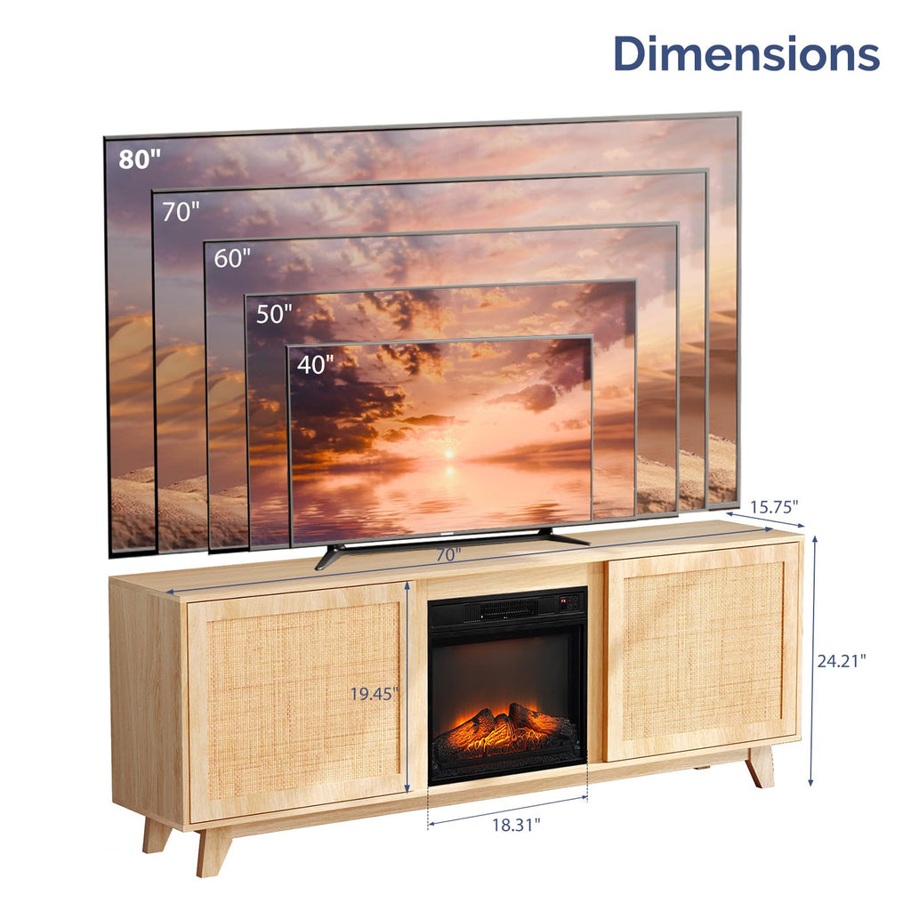 Electric Fireplace TV Stand with Rattan Doors, Fireplace TV Stand for up to 70 inch TVs, Adjustable Shelves & Heater