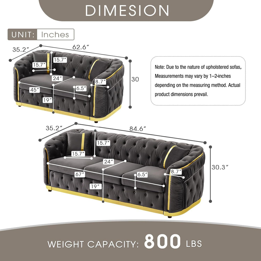 2 Piece Luxury Chesterfield Sofa Set, Tufted Grey and Gold Couch and Loveseat Sets with Golden Decor & 4 Pillows, Mid