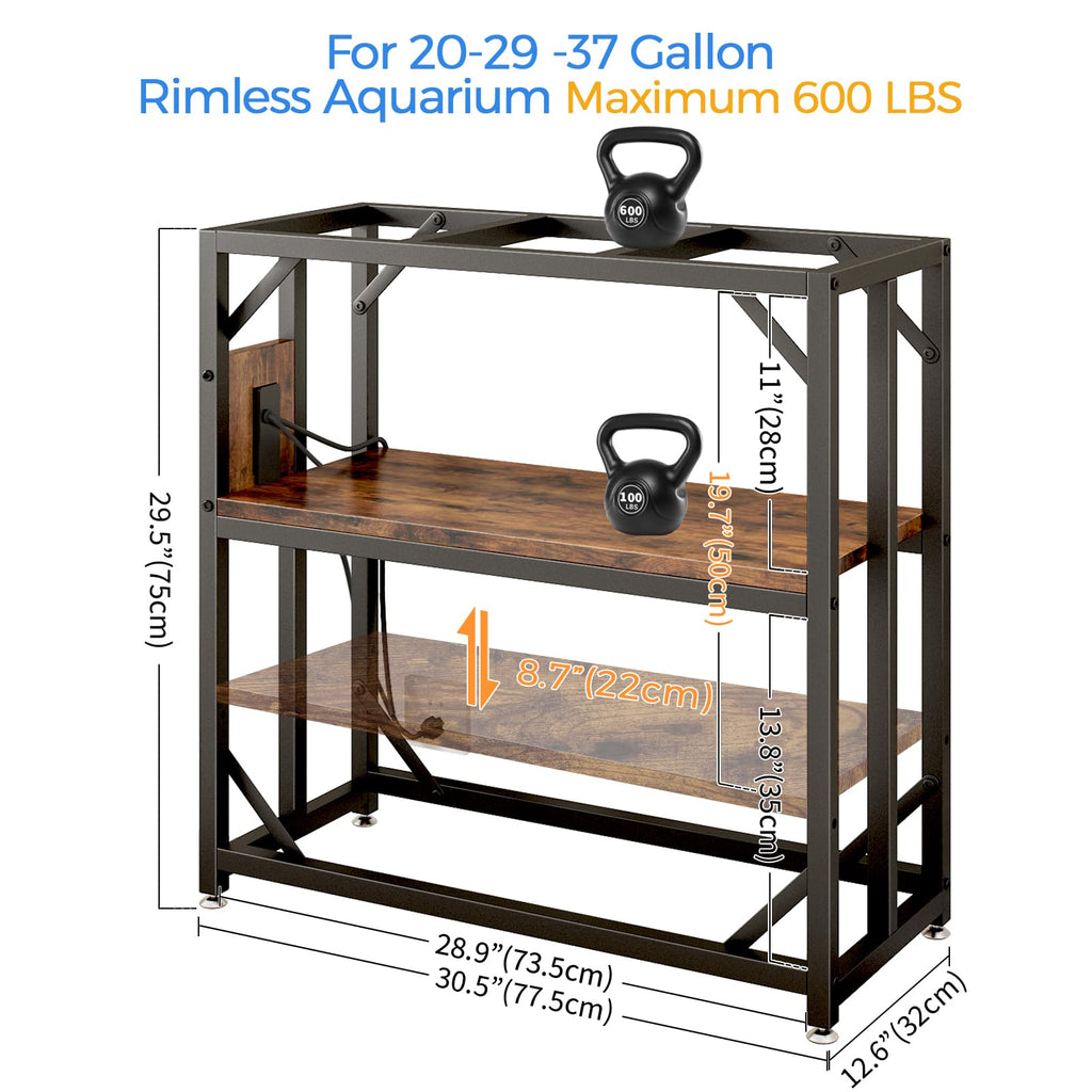 20-29-37 Gallon Fish Tank Stand with Power Outlet, Adjustable Aquarium Stand, Heavy Duty Terrarium Stand, Metal Frame