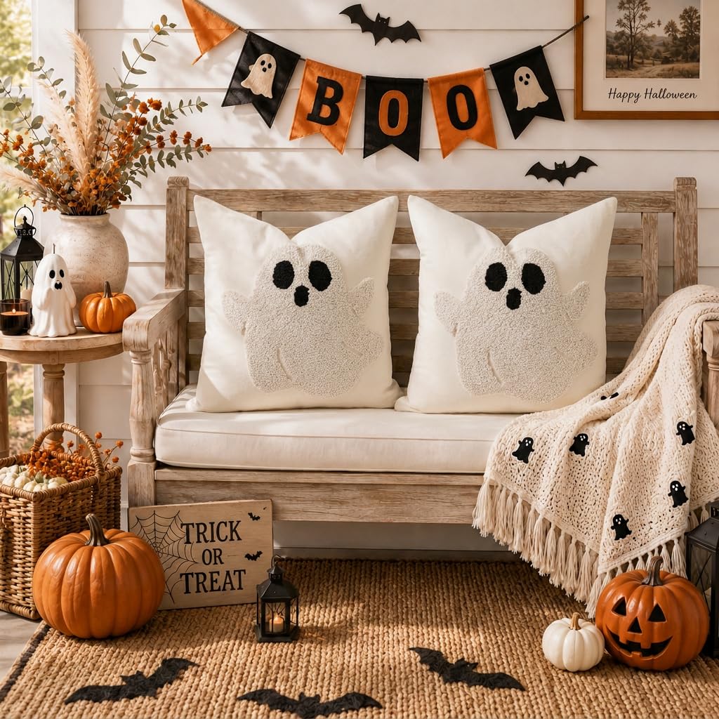Halloween Loop Tufted Ghost Pillow Covers Set of 2 20x20, Beige