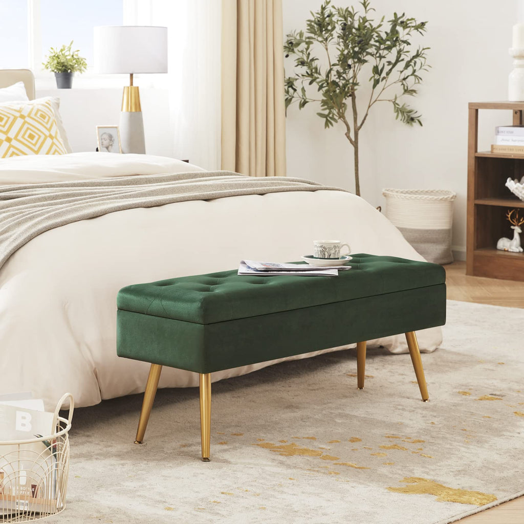 Storage Bench Entryway Bench End of Bed Bench Ottoman Upholstered Velvet Bedroom Bench Tufted Bench with Golden Legs