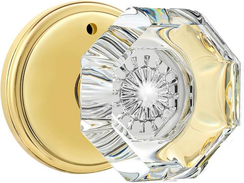 Privacy Crystal Glass Door Knobs Interior with Lock, Modern Octagon Door Knobs /Bathroom, Gold/Polished Brass