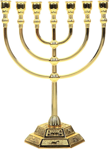 Israel 7-Branch Candle Holder - Golden Metal Candelabrum for Hanukkah, Jewish Decor, and Gifts - 6.68 X 5.31 X 2.55