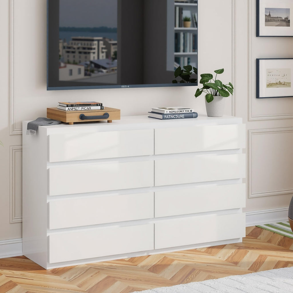 8 Drawer Dresser 55" Wide White Wood Modern Chest
