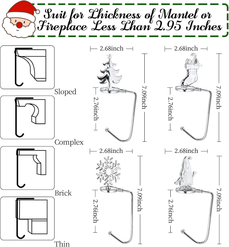 Christmas Stocking Holders for Mantel Set of 4, Non-Slip Adjustable Mantle Stocking Holders, Snowflake Snowman