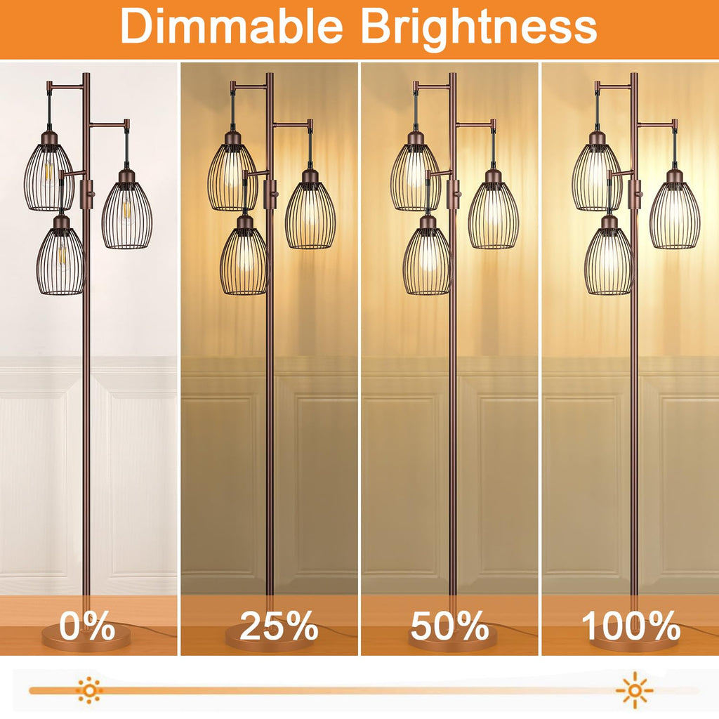 Dimmable Farmhouse Industrial Floor Lamp, Matte Brown Tree Standing Tall Lamps with 3 Elegant Teardrop Cage Head &