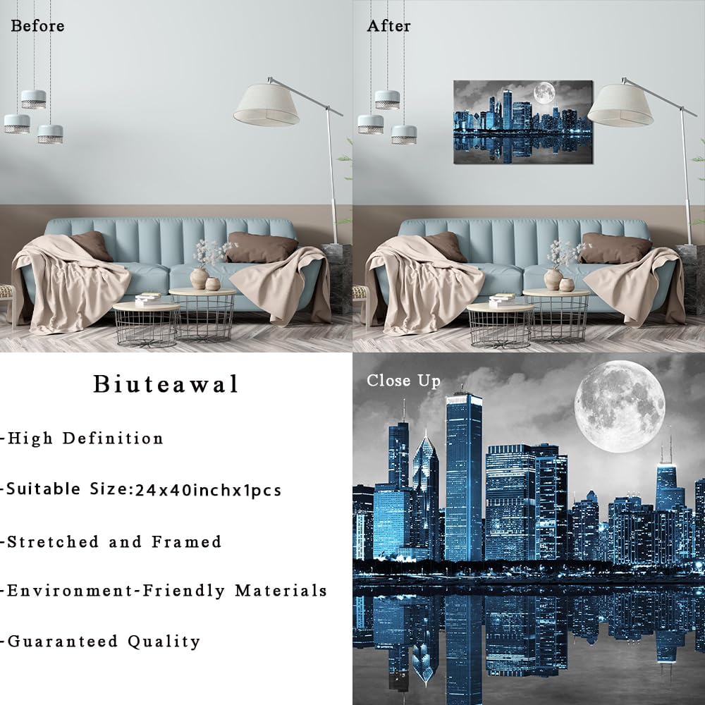 Black White Blue City Wall Art Chicago Pictures Decoration Moon Night Cityscape Skyline Canvas Painting Prints Framed