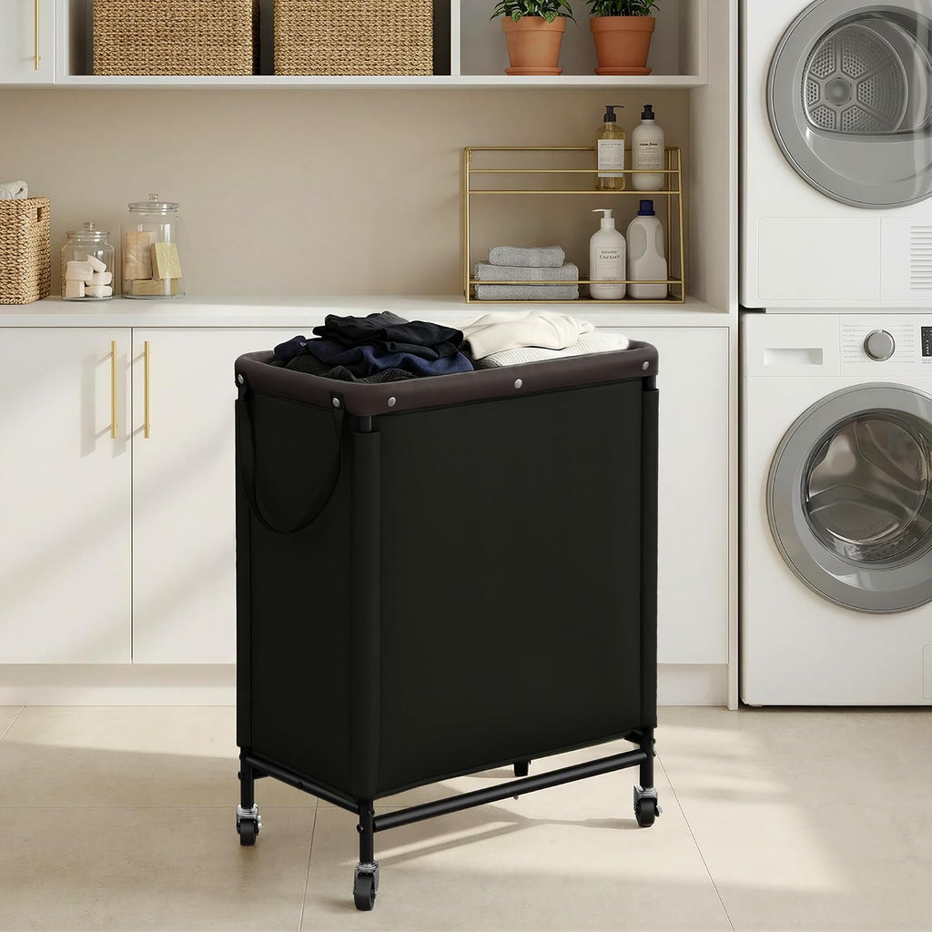 2 Section Laundry Hamper, 100L Black Sorter Cart with Wheels