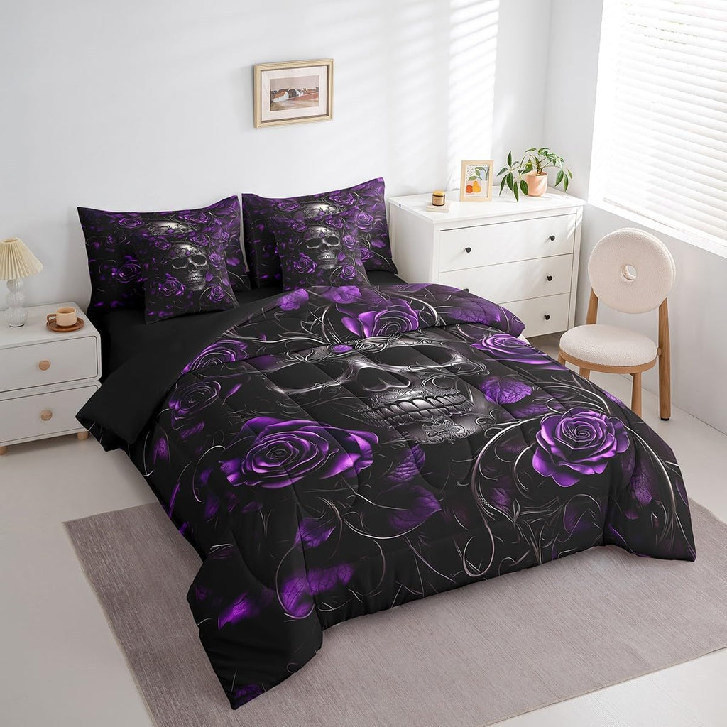 Erosebridal Sugar Skull 7 Pcs Comforter Set Queen,Purple Rose Floral Bedding Set for Kids Boys Girls Teens