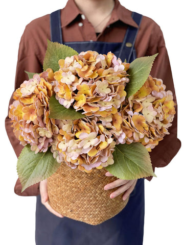 4pcs 20Inch Real Touch Silk Artificial Hydrangea, Yellow & Purple Artificial Flowers Heads with Stems Fake Hydrangeas