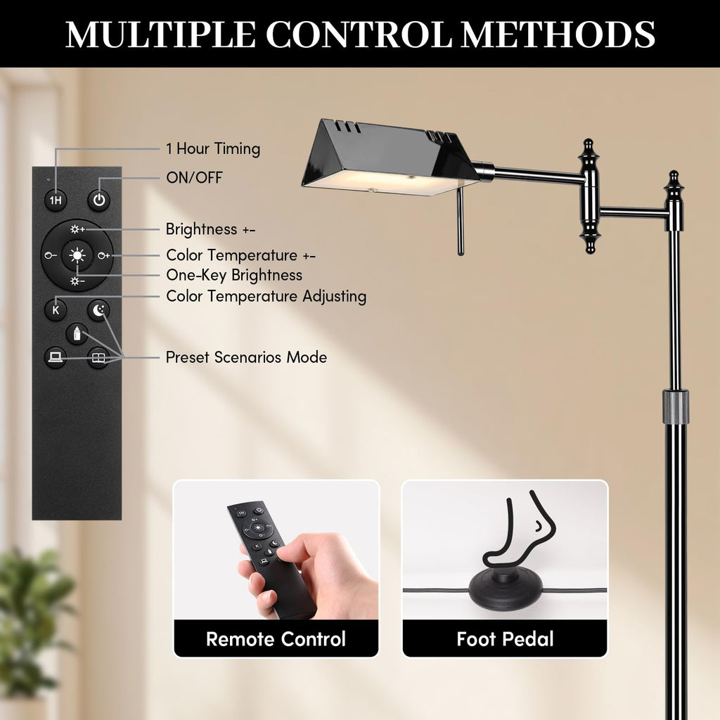 Black Chrome Reading Floor Lamp, Dimmable Pharmacy Standing Lamp