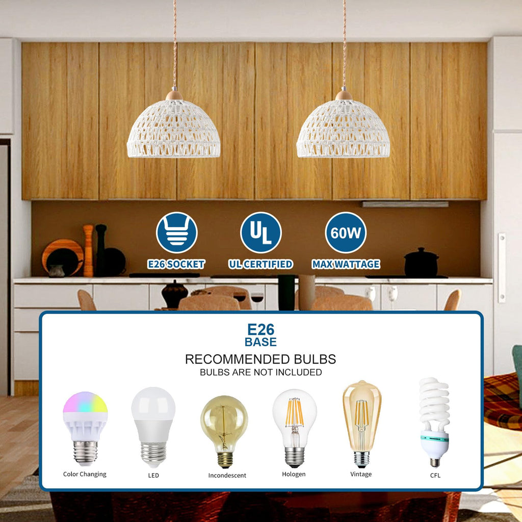 Plug in Pendant Light, Hanging Lamp with Plug in Cord, Hand Woven Rattan Lamp Shade, 15FT Hemp Rope Pendant Lamp Cord
