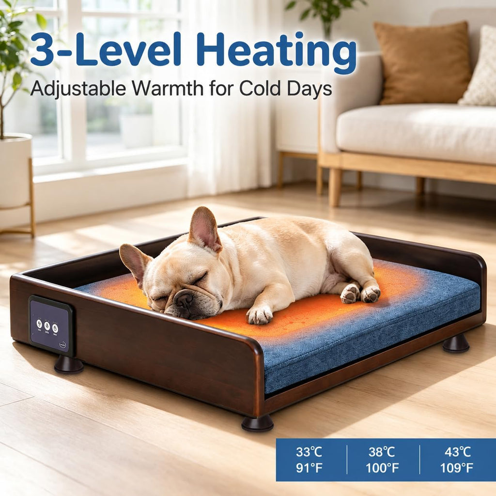 Smart Elevated Dog Bed with Downward Airflow, 3-Level Heating, Washable Pad, Solid Wood Frame for Small and Medium