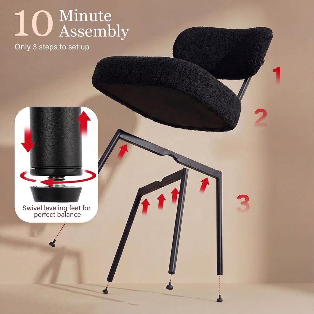 Black Boucle Dining Chairs Set of 4, 4.3" Thick Cushion,Kitchen Dining Room, Curved Backrest, Comfortable