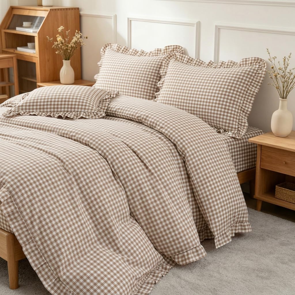 Gingham Duvet Cover Set Queen Tan Brown Ruffle Bedding Set
