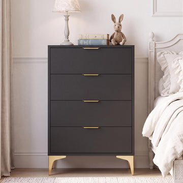 4 Drawer Dresser, Tall Dresser Chest of Drawers, Wood Dressers with Gold Handles, Wooden Closet Chest Storage