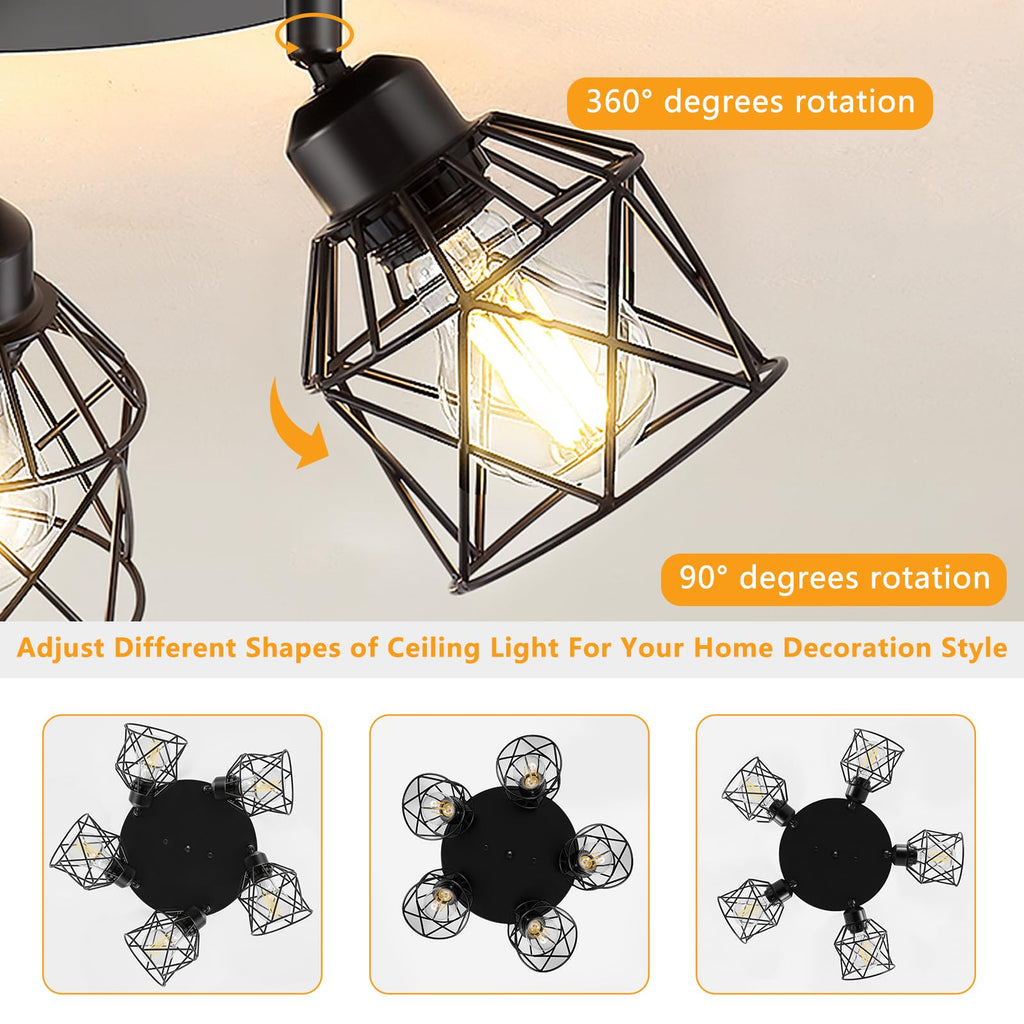 5-Light Adjustable Kitchen Light Fixtures, Multi-Directional Black Ceiling Light Fixtures, Semi Flush Mount Ceiling