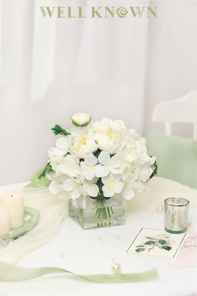 Artificial Flowers in Vase, White Hydrangea Ranunculus