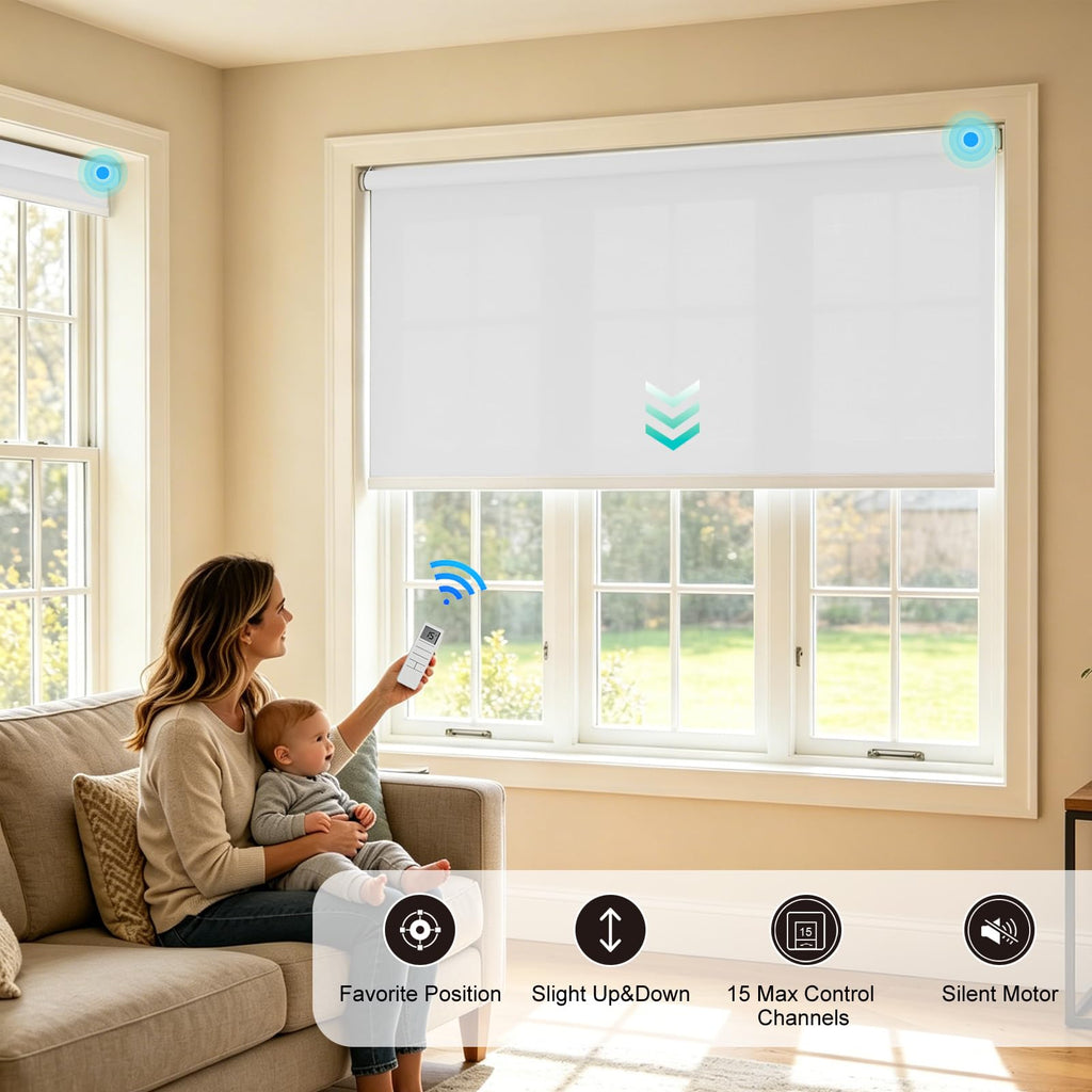 Motorized Blackout Cordless Valance Blinds, White Remote Control Wireless and Rechargeable Window Roller Shades, Room