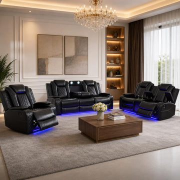 3-Piece Power Recliner Sofa Set, Faux Leather Sofa Loveseat & Chair with LED Lights, USB Ports, Reading Lights
