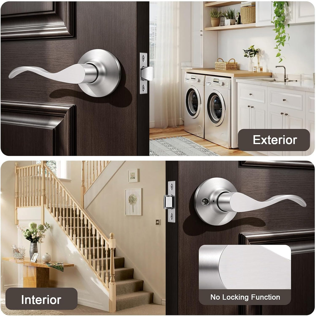 10 Pack Satin Nickel Modern Interior Passage Door Knobs, Keyless Door Handle & Closet, Wave Style Non-Locking Door