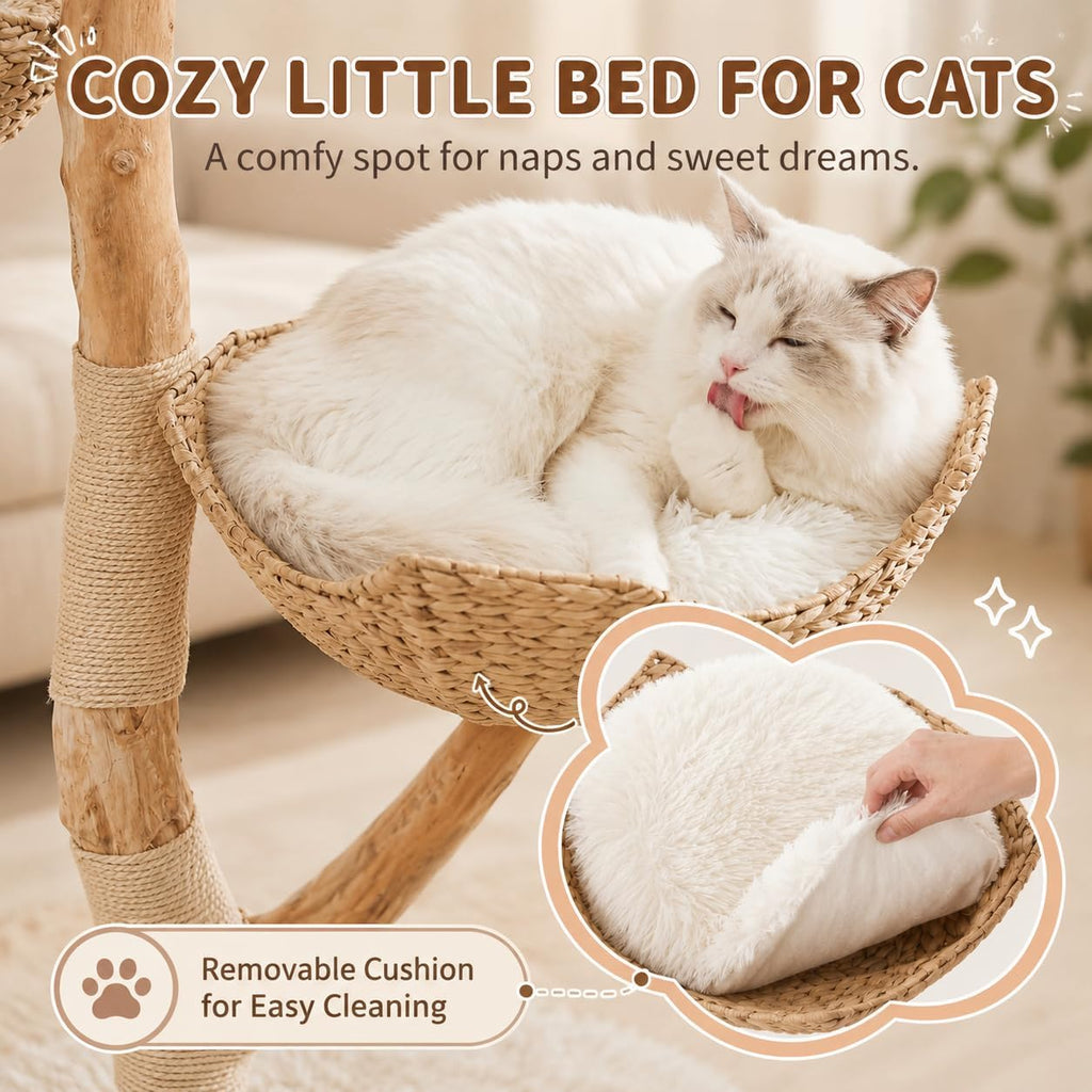44.5-Inch Natural Wood Cat Tree with 2 Handwoven Baskets