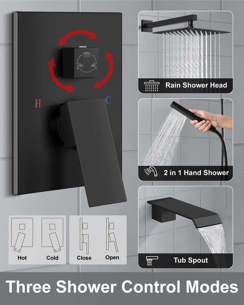 Shower System with Tub Spout and Valve Matte Black
