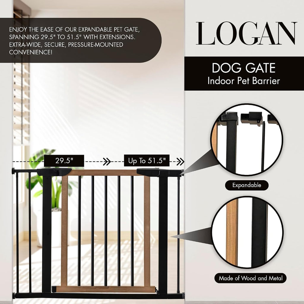 Logan Dog Gate - Indoor Pet Barrier and Wooden Dog Gate with Walk Through Swinging Door - Pressure Mounted for Walls